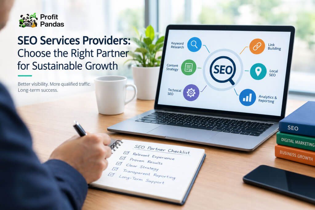 Profit Pandas SEO services providers guide covering keyword research, content strategy, technical SEO, local SEO, link building, and analytics